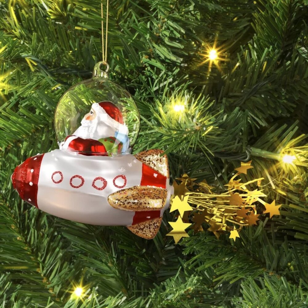 Santa flying Spaceship Christmas Ornament * Glass * NEW Wondershop NWT LAST ONE!